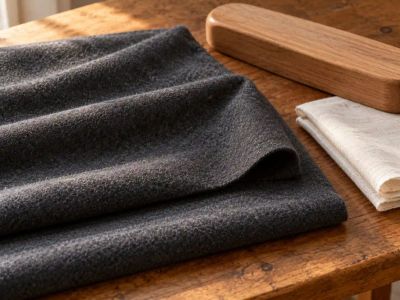 Folded charcoal wool flannel on a wooden table beside a wooden tailor's clapper and a folded press cloth.