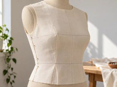 A cream cotton bodice block muslin on a dress form, with darts, drawn reference lines and pins at the side seam.