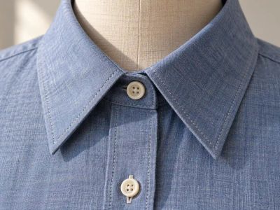 Close-up of a crisp pointed collar with edgestitching on a blue chambray shirt, with the collar stand and buttons visible.