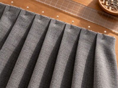 A row of evenly spaced, pressed knife pleats in grey wool pinned along the top edge of a skirt, with a clear ruler behind.