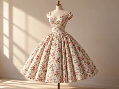 A 1950s-style floral cotton dress on a dress form, with a fitted bodice and a full skirt held out by a petticoat.