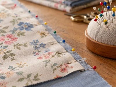 Glass-head pins placed at right angles along the edge of two layers of floral cotton, with a pincushion beside them.