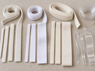 Braided, knitted, woven and clear elastics in cut lengths and small coils, laid out on linen.