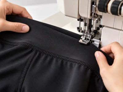 Hands guiding black performance leggings fabric through an overlocker while sewing on a waistband.