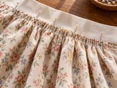 A floral cotton skirt panel gathered onto a cream waistband in even folds, pinned along the seam.
