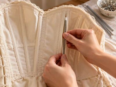 Hands sliding a capped steel bone into a stitched channel inside a cream strapless bodice.