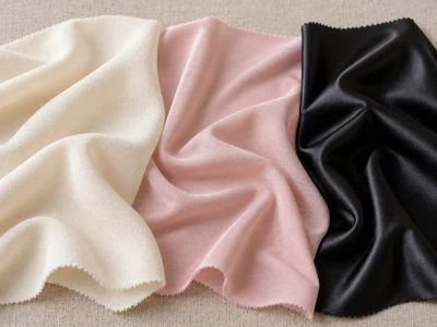 Three synthetic fabrics side by side: an ivory polyester crepe, a pink nylon tricot and a glossy black spandex knit.