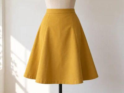 A mustard A-line skirt on a dress form, fitted at the waistband and flaring out to the hem.