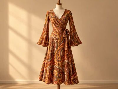 A 1970s-style paisley wrap dress with flared sleeves, tied at the waist, on a dress form.