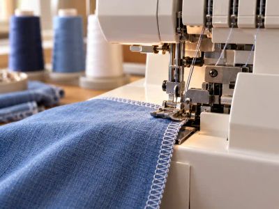 A freshly overlocked edge on blue cotton coming out of an overlocker, with thread cones behind.