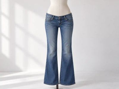 Low-rise flared jeans sitting on the hips of a dress form, well below the natural waist.