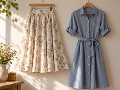 A handmade floral skirt and a blue shirt dress hanging side by side on a wall.