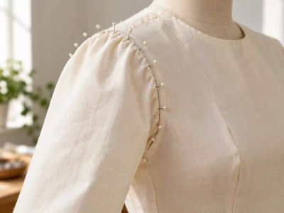 A set-in sleeve pinned into the armhole of a cream blouse on a dress form, with pins all around the smoothly eased cap.