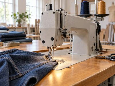 An industrial straight-stitch sewing machine set into a wooden table, with denim under the presser foot and thread cones on a stand.