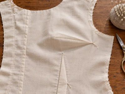 A cream cotton bodice front laid flat on a table, showing a pressed bust dart from the side seam and a waist dart, both tapering to a point.