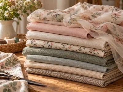 A stack of folded fabrics in soft colours and textures, with sheer chiffon draped over the top.