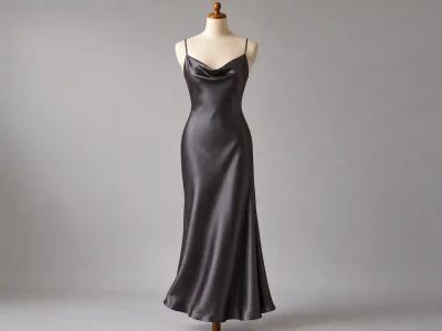A minimalist charcoal satin slip dress with thin straps and a cowl neckline on a dress form.