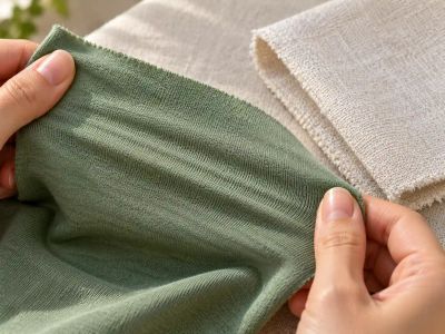 Hands stretching a piece of green cotton jersey, with a folded woven fabric behind it for contrast.