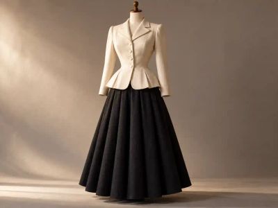 A late-1940s-style suit on a dress form: a fitted cream jacket with a padded peplum over a long, full black pleated skirt.