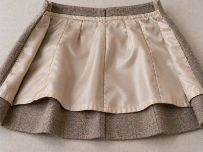 A grey wool skirt turned inside out to show its champagne lining sewn in at the waistband, the lining hem shorter than the skirt.