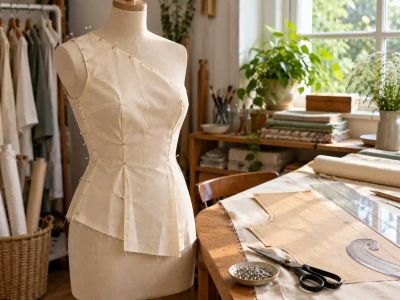 A sewing room with cream muslin draped and pinned on a dress form, and a paper pattern piece, ruler, French curve and shears on the cutting table.