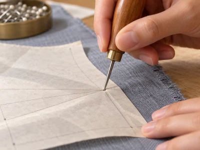 A hand pressing a wooden-handled awl through a paper pattern piece and blue fabric to mark a dart point.