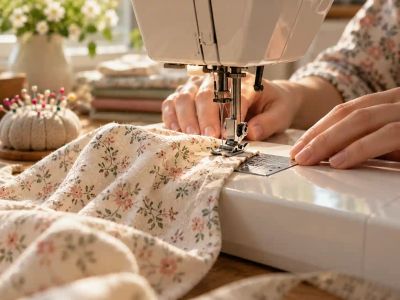 Hands guiding floral cotton under the presser foot of a sewing machine.