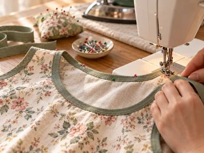 A sage-green bias binding being stitched around the curved neckline of a floral cotton top at the sewing machine, pinned in place along the curve.