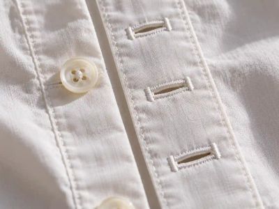 A row of machine-sewn buttonholes down a white cotton shirt placket, with a matching shirt button beside them.
