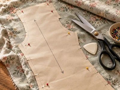 A paper pattern piece pinned to floral fabric, showing its grainline arrow and notches, with shears and tailor's chalk.