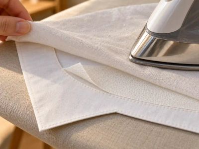 A steam iron pressing white fusible interfacing onto a piece of fabric, with one corner of the interfacing lifted.