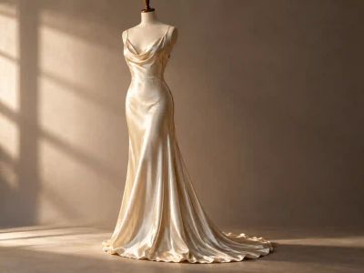A 1930s-style bias-cut ivory satin gown with a cowl neckline on a dress form, the fabric pooling at the hem.