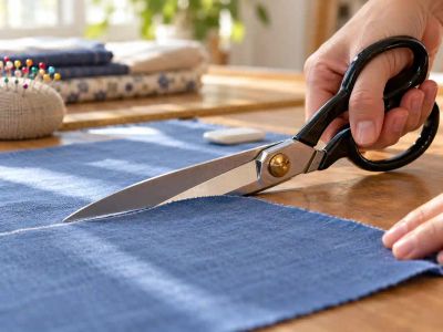 A hand cutting blue cotton with bent-handled dressmaking shears, the lower blade resting flat on the table.