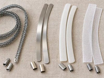 Four types of boning side by side on linen: spiral steel, flat steel, white synthetic whalebone and woven polyester Rigilene, with metal end caps.