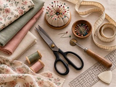 Dressmaking tools on linen: shears, a pincushion, a tape measure, a tracing wheel, a clear ruler, tailor's chalk and thread.
