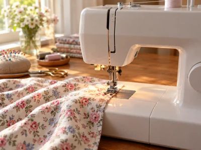 A white home sewing machine stitching floral cotton on a wooden table, with a pincushion and flowers behind.