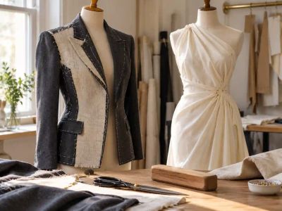 A half-made tailored jacket showing its canvas front on one dress form, beside a draped and pinned ivory dress on another, in a workroom.
