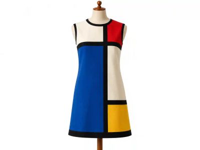A colour-blocked shift dress in red, blue, yellow and white panels outlined in black, in the style of the mid-1960s Mondrian dresses, on a dress form.