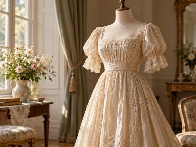 A historical-style cream cotton and lace dress with puffed sleeves on a dress form in a softly lit room.
