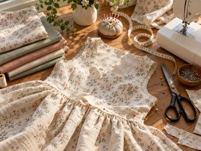 A dressmaker's work table with a floral cotton dress in progress, folded fabrics, a pincushion, tape measure, shears and a sewing machine.