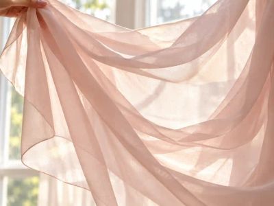 A length of blush pink silk chiffon held up in front of a bright window, light shining through its soft folds.