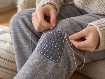 Hands stitching a visible mend on the knee of grey knit trousers, a dark patch held on with rows of white running stitch.