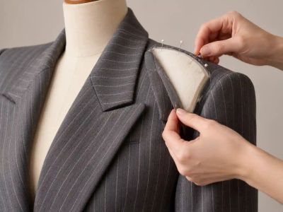 Hands pinning a thick shoulder pad into the shoulder of a grey pinstripe blazer on a dress form.
